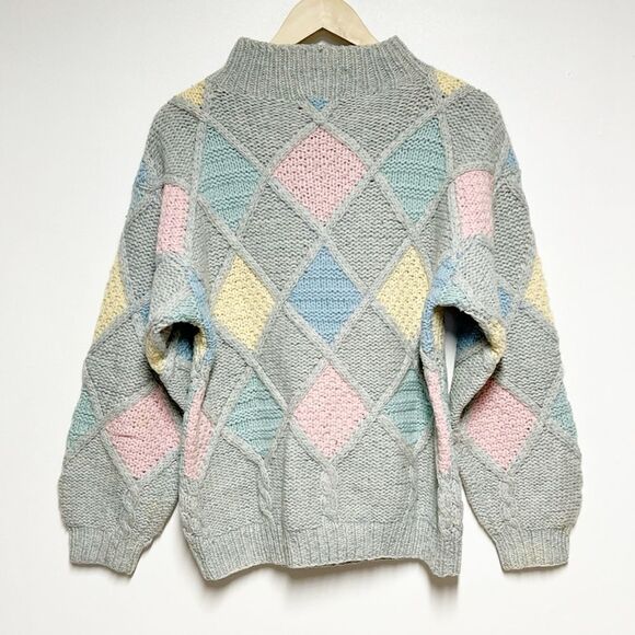 Vintage 80’s Wool Patchwork Chunky knit Pastel Sweater Womens M - Picture 2 of 5